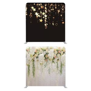 8ft*8ft Black With Gold Falling Stars and Beautiful Pastel Flowers Foliages Backdrop, With or Without Tension Frame