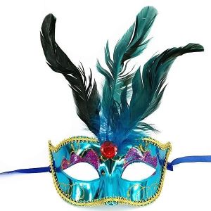 Burlesque Style Feathered Masquerade Mask in Blue  