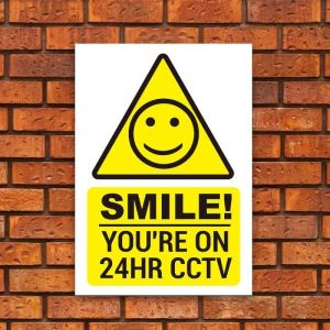 ‘SMILE’ ‘YOU’RE ON 24HR CCTV’ Warning Sign. Tough, Durable and Rust-Proof Weatherproof PVC Sign for Outdoor Use, 210MM X 148MM. No 009
