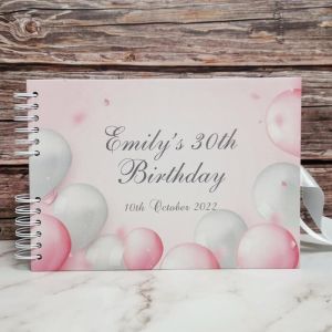 CUSTOM Pastel Celebratory Pink Silver Balloons Confetti Guestbook with Different Page Style Options