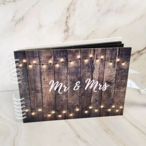 Dark Rustic Wood Warming Fairy Lights With 'Mr & Mrs' Message With Plain Pages 