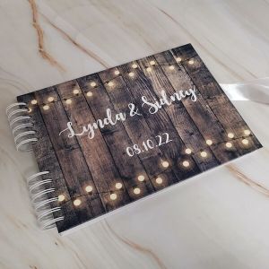 CUSTOM Dark Rustic Wooden Warming Fairy Lights Guestbook with Different Page Style Options