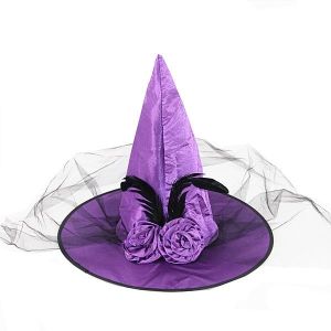 Flowered Purple Witches Pointed Hat with Net Veil Halloween Fancy Dress Accessory
