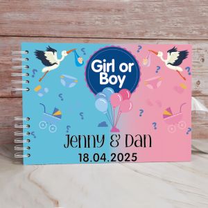 CUSTOM Pink And Blue Storks Deliver Babies Gender Reveal Guestbook with Different Page Style Options 