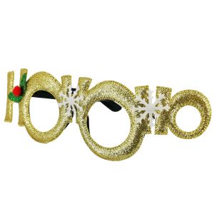 Glitzy Gold Ho Ho Ho With Snowflakes & Holly Christmas Glasses