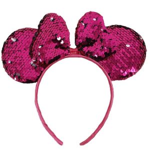 Glitzy Reversible Sequin Mouse Style Ears and Bow – Hot Pink + Silver
