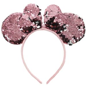 Glitzy Reversible Sequin Mouse Style Ears and Bow – Light Pink + Silver