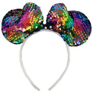 Glitzy Reversible Sequin Mouse Style Ears and Bow – Rainbow + Silver
