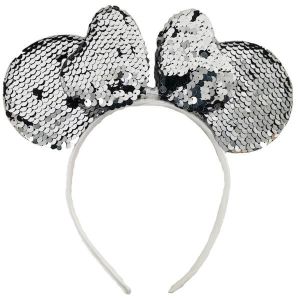 Glitzy Reversible Sequin Mouse Style Ears and Bow – Silver + Black