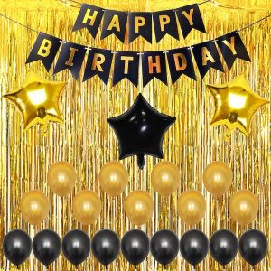 Gold & Black Birthday Balloon Bundle with Gold Tassel Backdrop