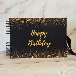 Good Size Black & Gold Glitter Ombre Happy Birthday GuestBook With Plain Pages 