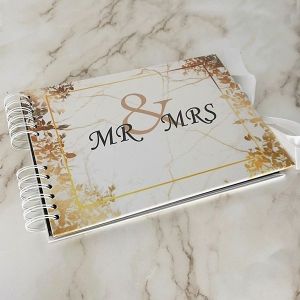 Good Size, White Marble Gold Leaf 'Mr & Mrs' Guestbook With 6x4 Landscape Slip-in Pages