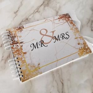 Good Size, White Marble Gold Leaf 'Mr & Mrs' Guestbook With 6x2 Slip-in Pages