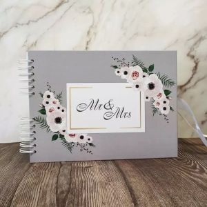Good Size, Grey Floral Frame ‘Mr & Mrs’ Guestbook With 6x2 Slip-in Pages