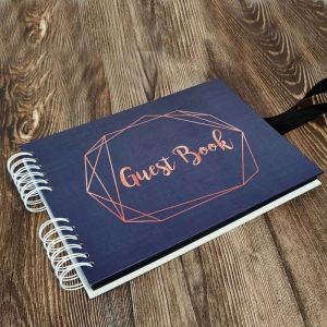 Good Size, Navy With Geometric Gold Frame Guestbook With 6x4 Landscape Slip-in Pages
