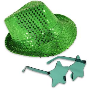 Sequin Fedora Gangster Trilby Hat With Star Glasses Set - Green