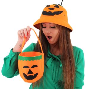 Halloween Trick Or Treat Pumpkin Candy Bags With Green Leaf 