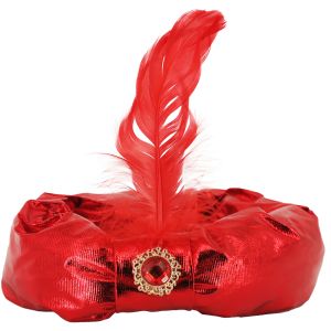 India Genie Turban Hat With Feather - Red
