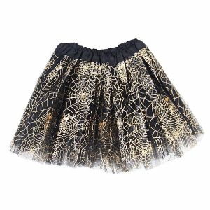 Kids -  Black & Shiny Gold Spider Web Halloween Tutu Skirt