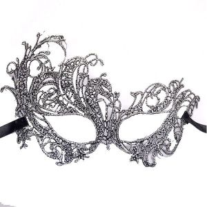 Enchanted Soft Lace with Feather Effect Masquerade Mask in Silver