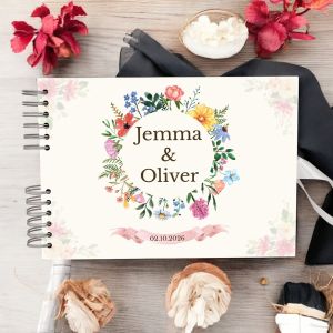 CUSTOM  Pink & Beige Floral Wreath Guest Book with Different Page Options-No. 236