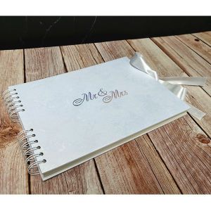 Good Size, White Rose Patterned Guestbook with Silver ‘Mr & Mrs' Message With Plain Pages 
