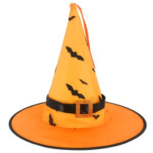 Orange with Black Bat Pointy Halloween Wizard or Witches Hat