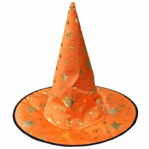 Orange & Gold Stars Wizard & Witches Pointed Hat Halloween Fancy Dress Accessory