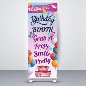 Pastel Pink & Purple Celebration Balloons ‘ Birthday Booth Smile Pretty’ Pop Up Roller Banner