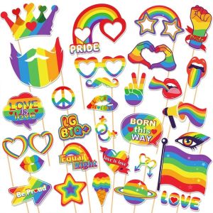 30-Piece Rainbow Pride Photo Booth Props on Sticks – Colourful LGBTQ+ Party Decorations