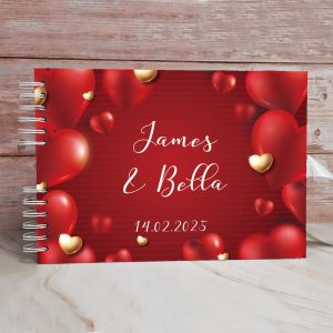 CUSTOM Red and Gold Floating Love Hearts Guestbook with Different Page Style Options 