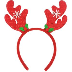 Red Sequin Reindeer Antlers With Snowflake And Holly Christmas Headband