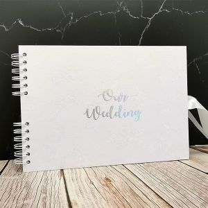 Good Size, White Rose Patterned Guestbook with Silver ‘Our Wedding' Message With 6x4 Printed Pages