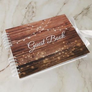 Good Size, Rustic Wood With Hanging Fairy Lights Guestbook With 6x2 Slip-in Pages