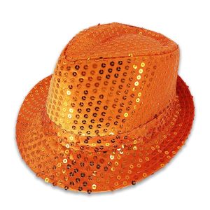 Sparkling Sequin Fedora Gangster Trilby Hat - Orange