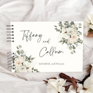 Custom Beige and White Floral Design Wedding Guest Book with Different Page Options-No. 189