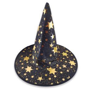 Halloween Gold Star Print Wizard Witches Hat – Black