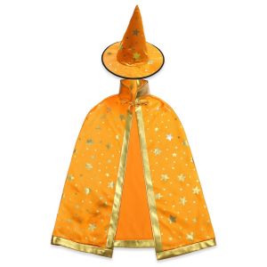 Halloween Gold Star Print Wizard Witches Hat & Cloak Set – Orange