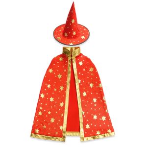 Halloween Gold Star Print Wizard Witches Hat & Cloak Set – Red