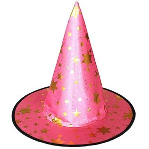 Pink & Gold Stars Wizard & Witches Pointed Hat Halloween Fancy Dress Accessory
